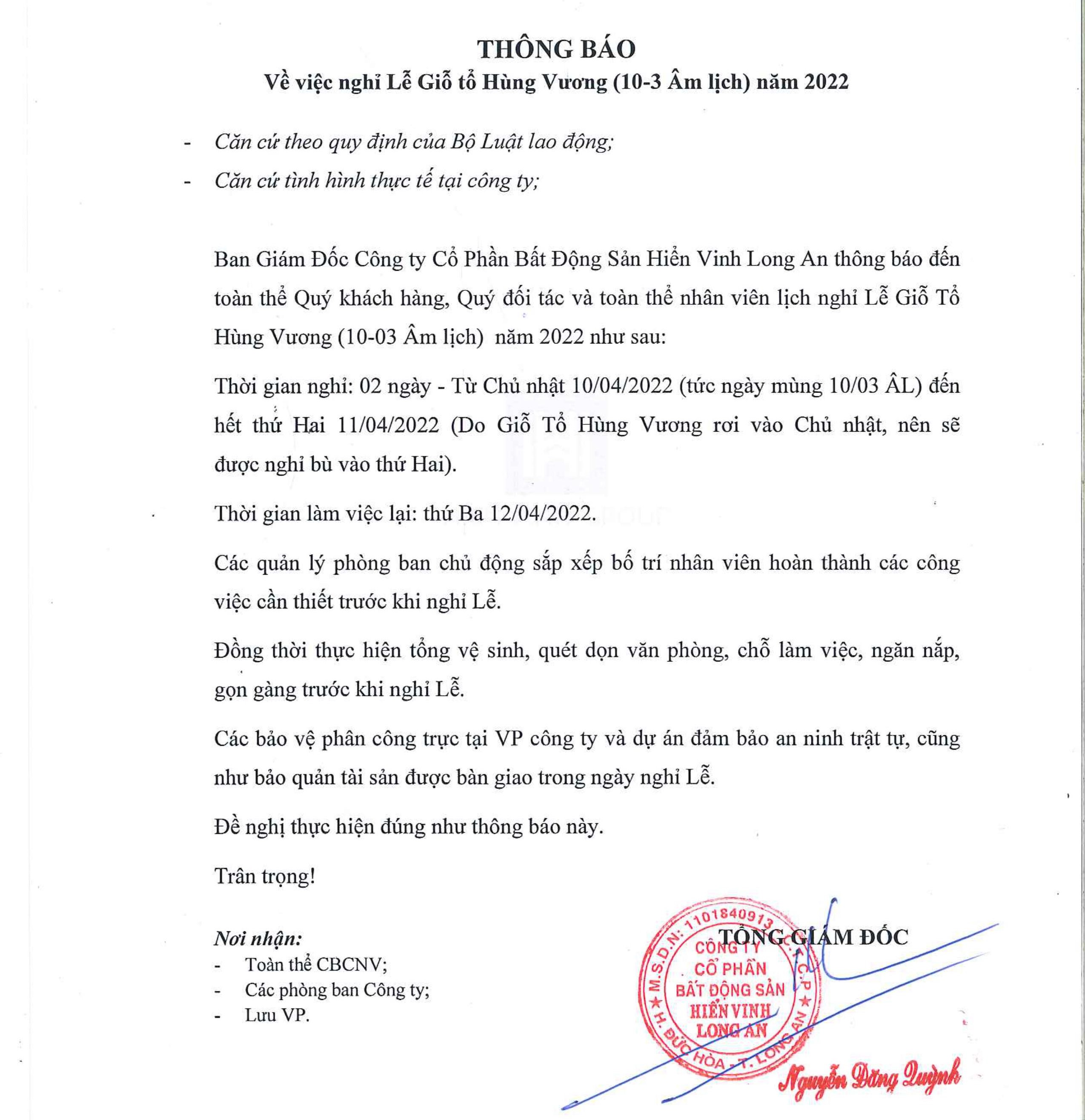 THÔNG BÁO NGHỈ LỄ GIỖ TỔ HÙNG VƯƠNG