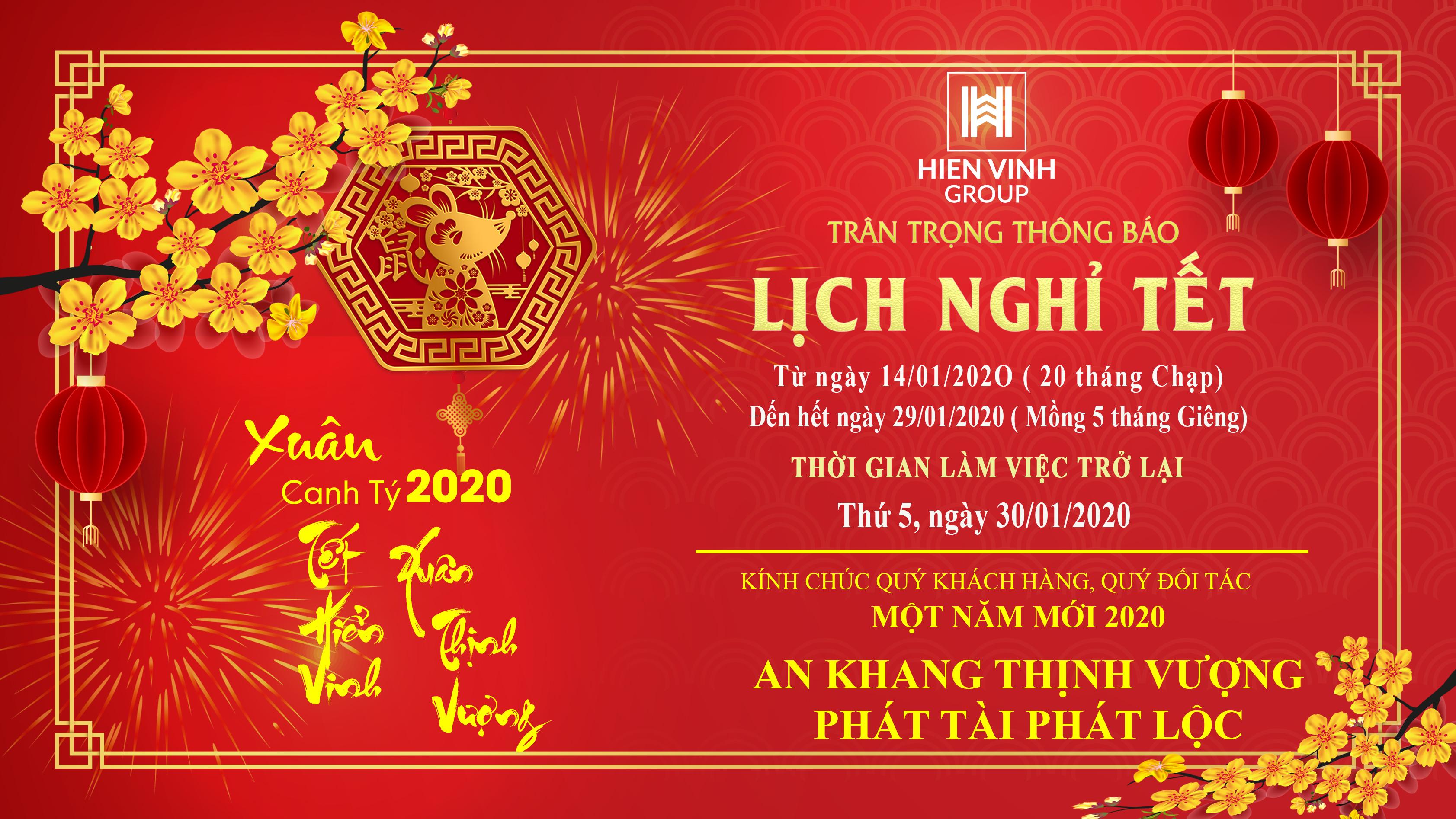 THÔNG BÁO LỊCH NGHỈ TẾT NGUYÊN ĐÁN CANH TÝ 2020