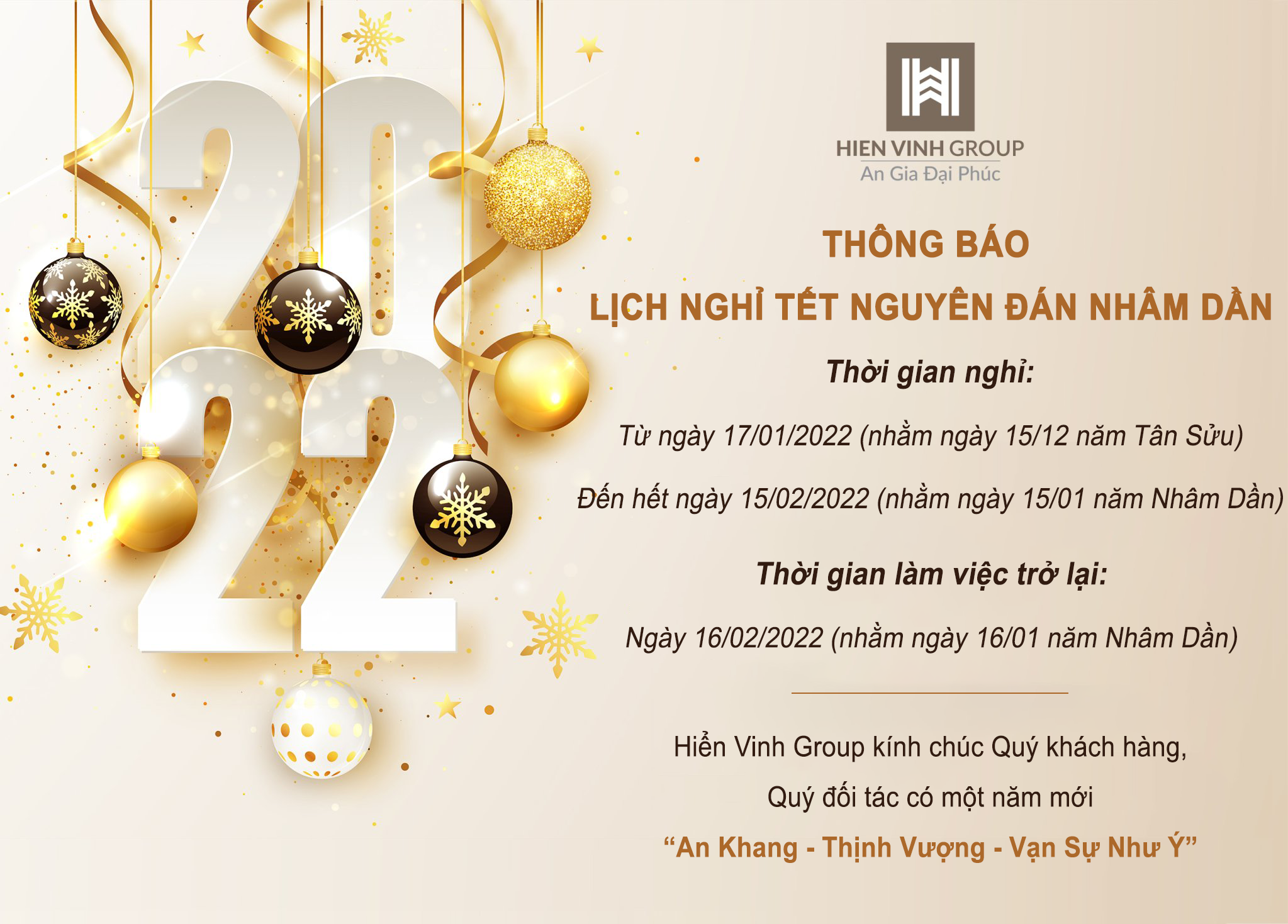 THÔNG BÁO LỊCH NGHỈ TẾT NGUYÊN ĐÁN NHÂM DẦN 2022